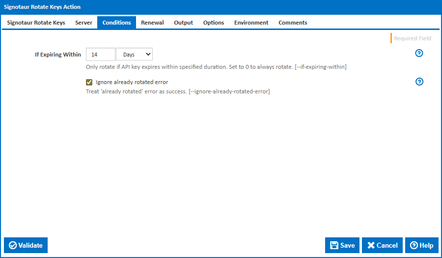 Screenshot: Continua CI Signotaur Rotate Keys action — Conditions tab showing If Expiring Within and Ignore already rotated error options.