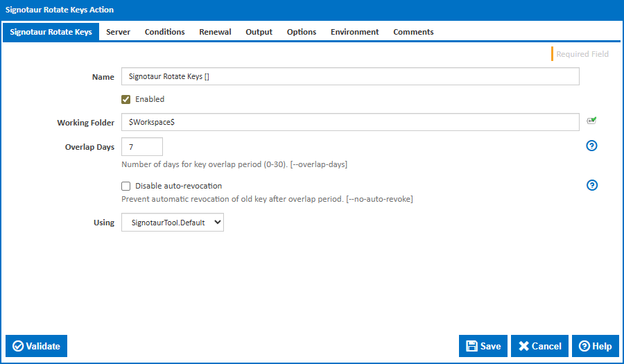 Screenshot: Continua CI Signotaur Rotate Keys action — Main tab showing Overlap Days and Disable auto-revocation options.
