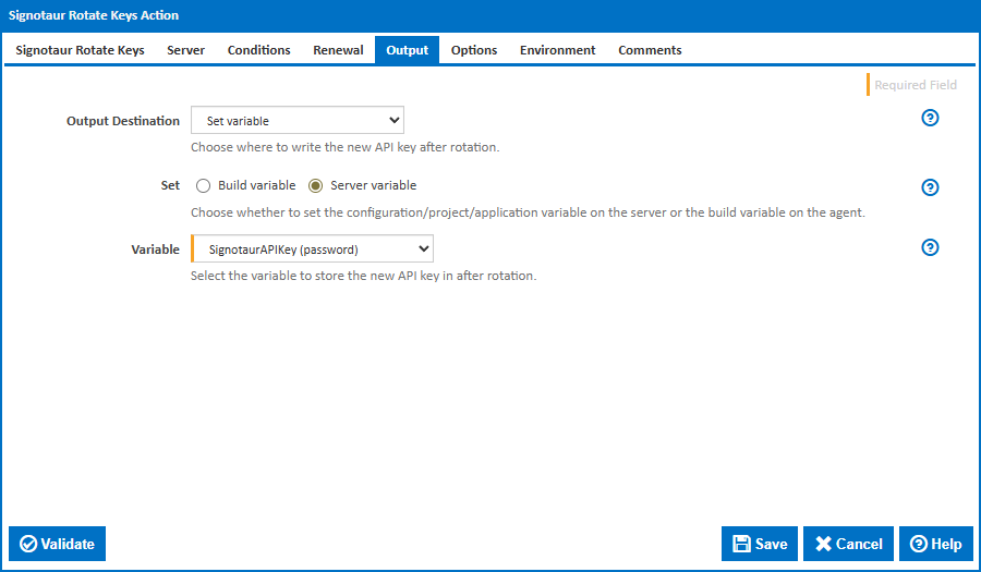 Screenshot: Continua CI Signotaur Rotate Keys action — Output tab with Set Variable selected, storing the new key in a server-scoped variable.