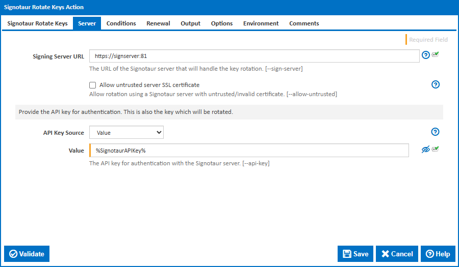 Screenshot: Continua CI Signotaur Rotate Keys action — Server tab showing Server URL and API Key Source set to a server variable.