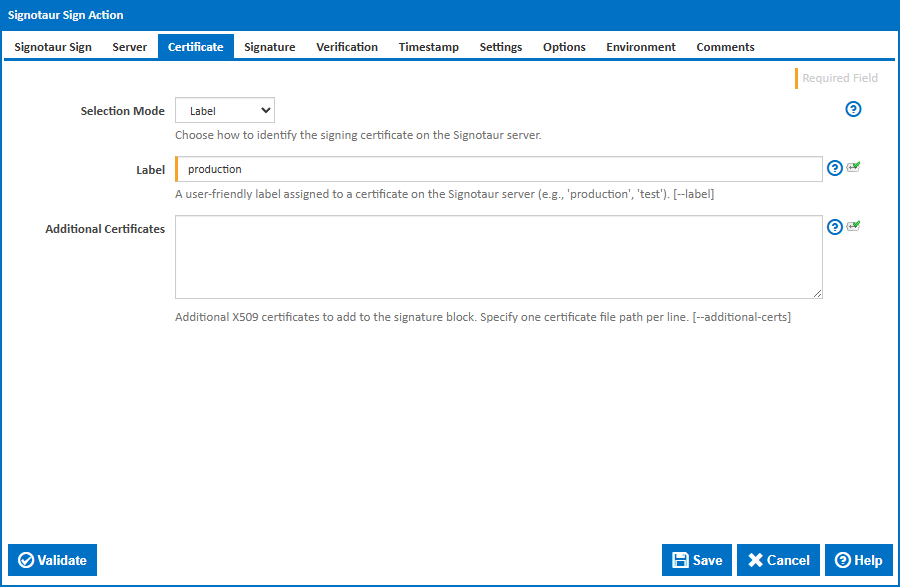 Screenshot: Continua CI Signotaur Sign action — Certificate tab showing Selection Mode set to Label with value 'production'.