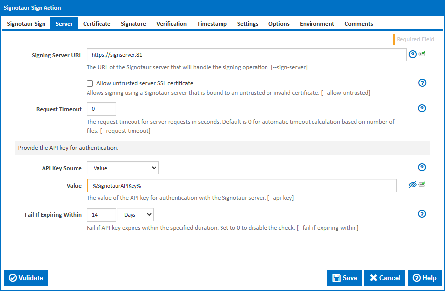 Screenshot: Continua CI Signotaur Sign action — Server tab showing Fail If Expiring Within set to '14d'.