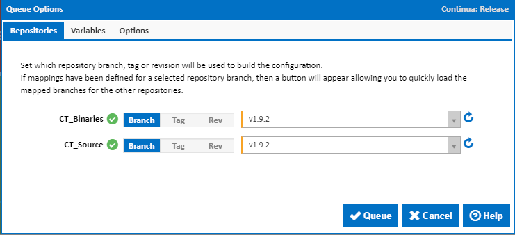 Queue Options dialog tabs - Variables first