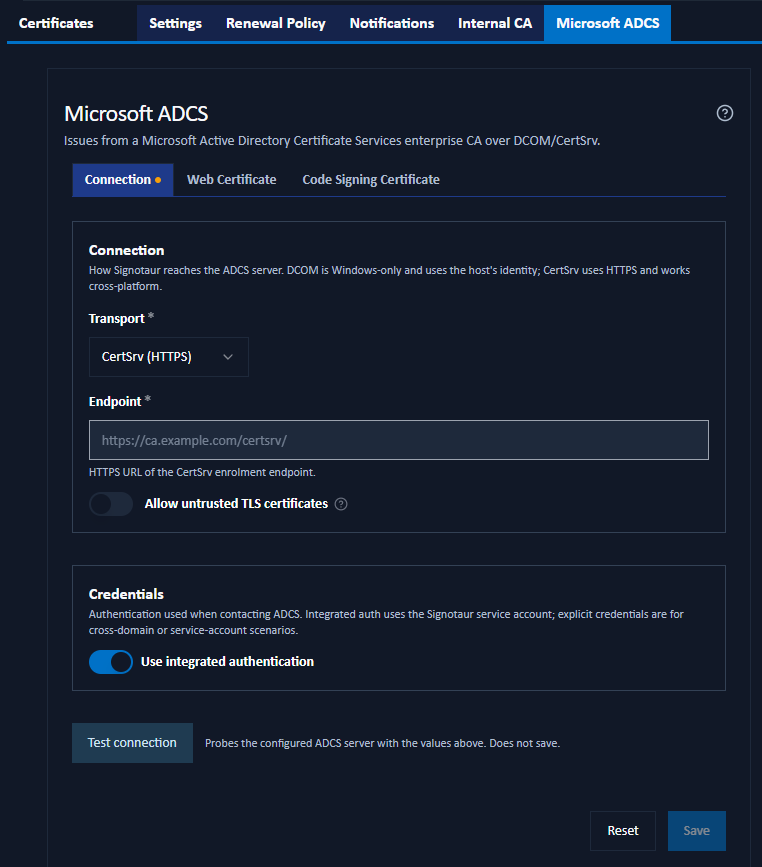The Microsoft AD CS settings tab in Signotaur, showing the server, transport, and certificate template configuration.