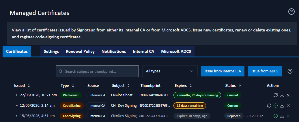 The Managed Certificates admin page in Signotaur, listing issued code-signing and web certificates with their status and expiry.