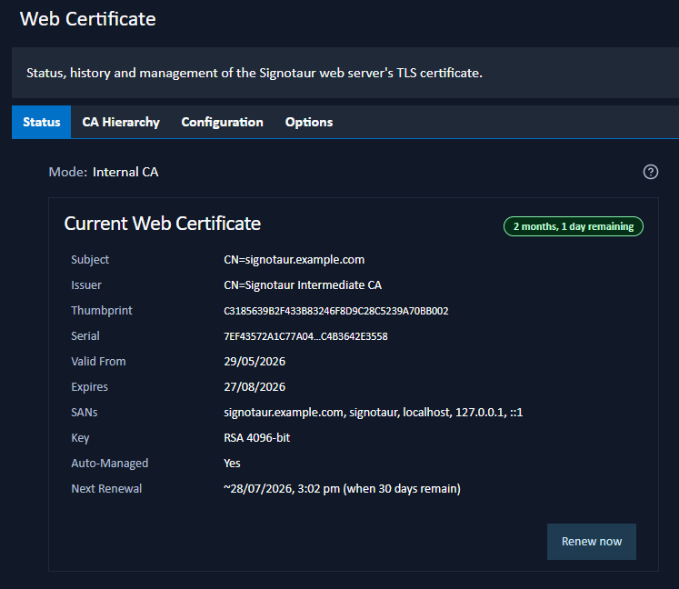 The web certificate admin area in Signotaur, showing the active certificate source, its chain, expiry, and a download option for the chain anchor.