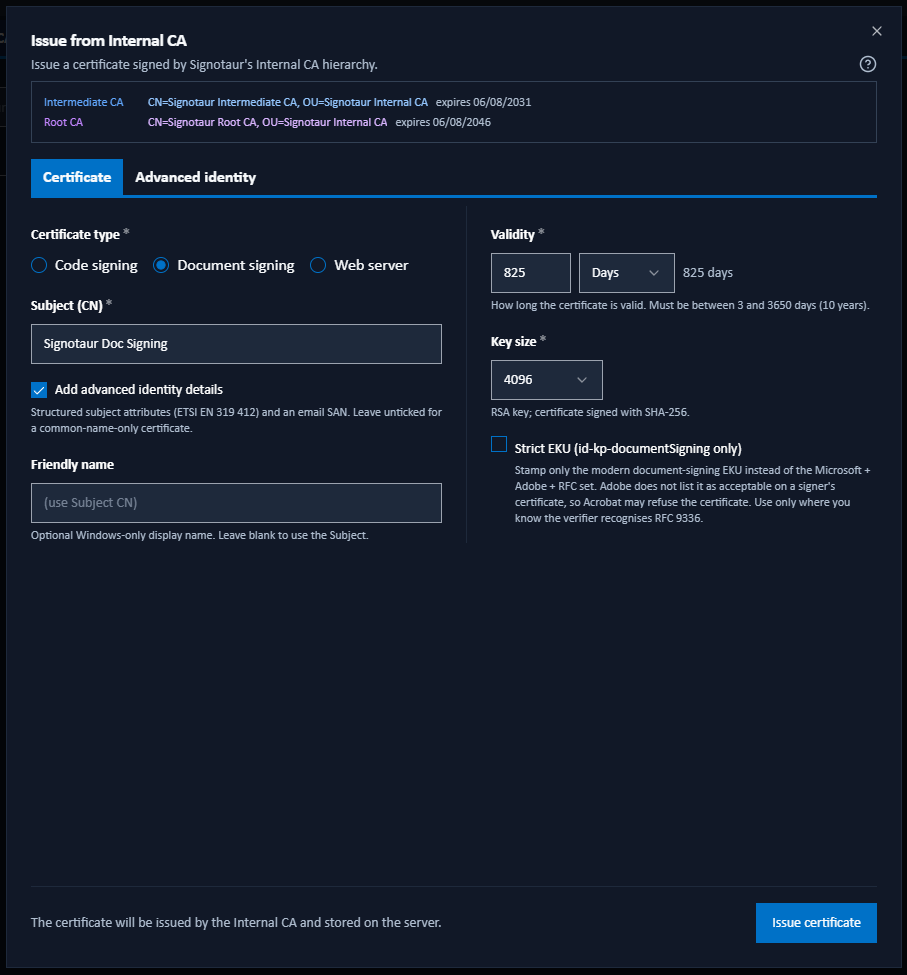 Issuing a document-signing certificate from the Signotaur administration interface.