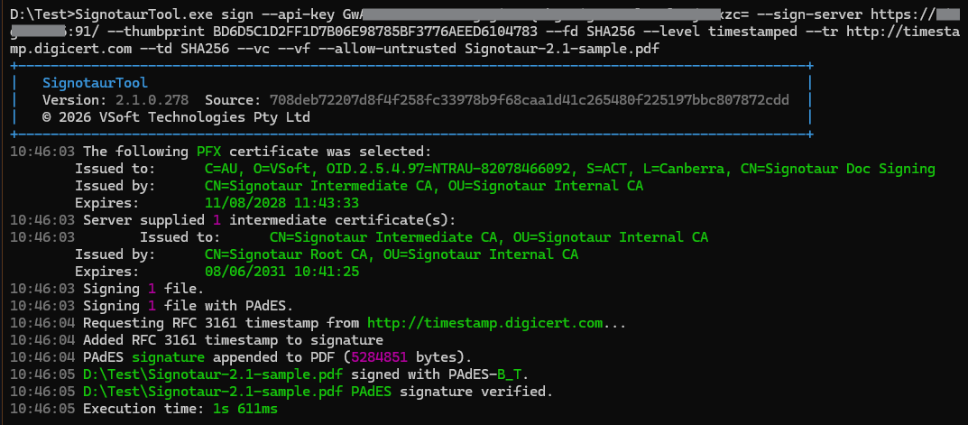 SignotaurTool signing a PDF with a timestamped PAdES signature.