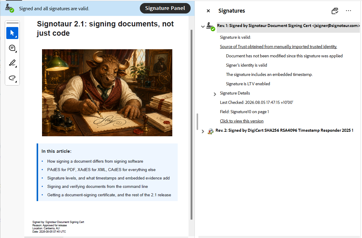 A visible PAdES signature and signature details shown in Adobe Acrobat Reader.