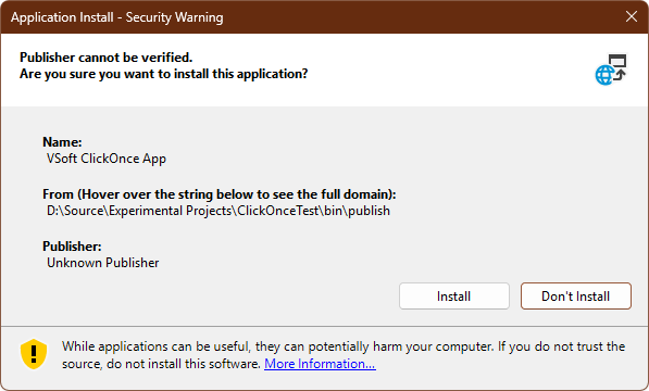 Application Install window showing Unknown Publisher warning
