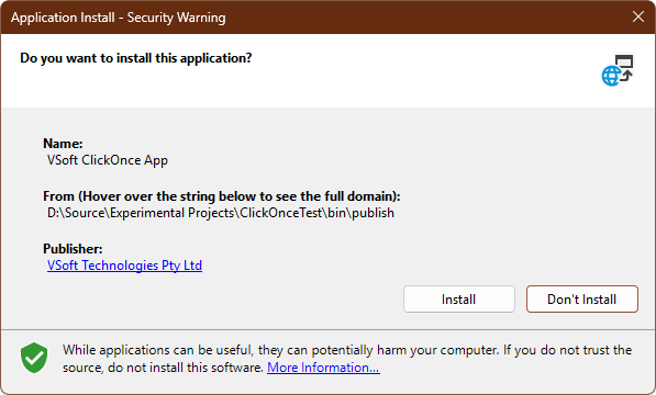 Application Install window showing verified publisher details