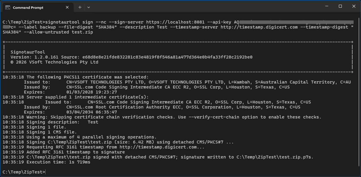 Command Prompt output of SignotaurTool signing a zip with a detached CMS/PKCS#7 signature; the final line shows the signature written to the matching .p7s file alongside the untouched original.