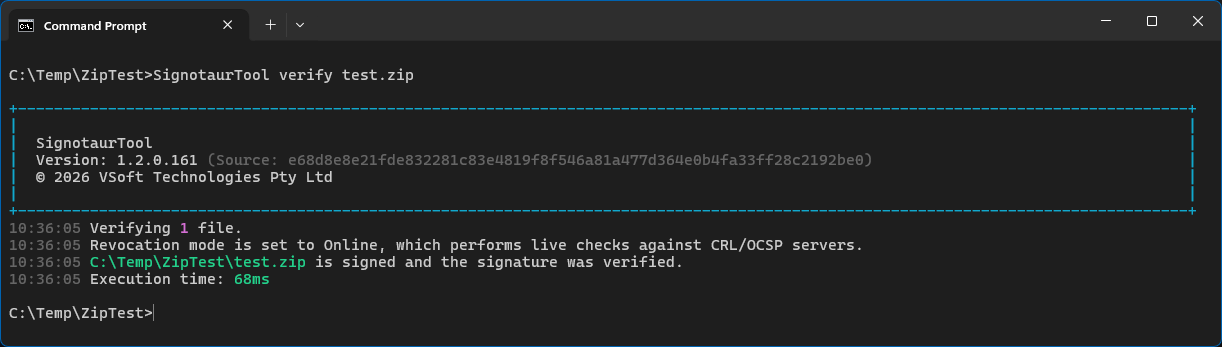 Terminal output from SignotaurTool verify confirming a valid detached signature, showing the signer certificate and a verified result.