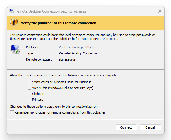 The RDP security warning dialog for a signed file: a yellow 'Verify the publisher of this remote connection' banner with the publisher name, and the same per-redirection checkboxes.