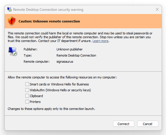 The RDP security warning dialog for an unsigned file: an orange 'Caution: Unknown remote connection' banner, 'Unknown publisher', and per-redirection checkboxes all off by default.